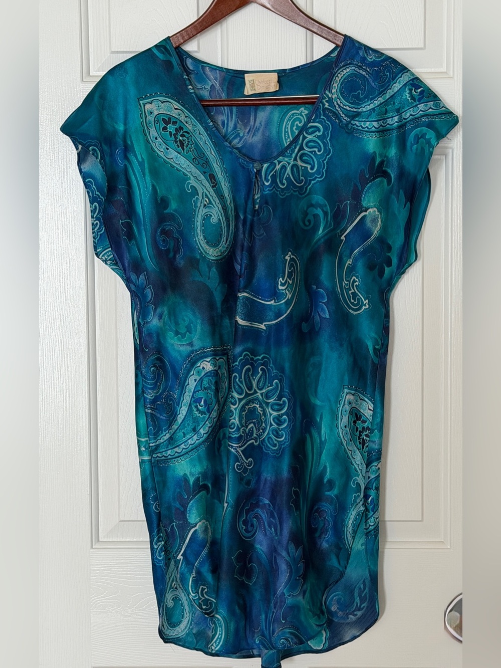 California Dynasty Blue Teal Paisley Sheer Tunic Boho Blouse Top Women’s M